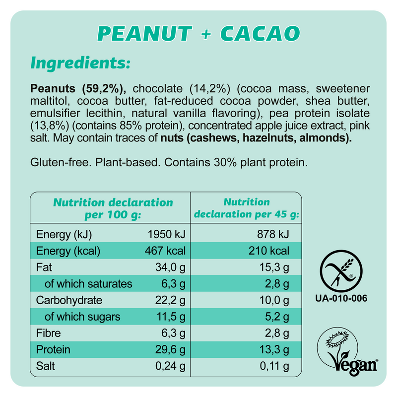 Vegansk glutenfri proteinbar "Peanut + Cacao" 45G