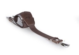 Brown leather kids suspenders with metal clips.