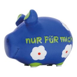 Blue ceramic piggy bank with white flowers, "Nur für mich" text, green accents, small decorative pig.