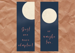 Bookmark with the text "Just one more chapter!" and "Just maybe love". The bookmark features a simple design with a white circle on a navy blue background, conveying a cozy and minimalist aesthetic suitable for book lovers.