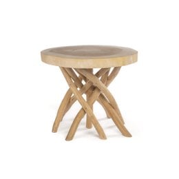 Round wooden side table with natural light wood finish, X-frame base design, compact low profile table.
