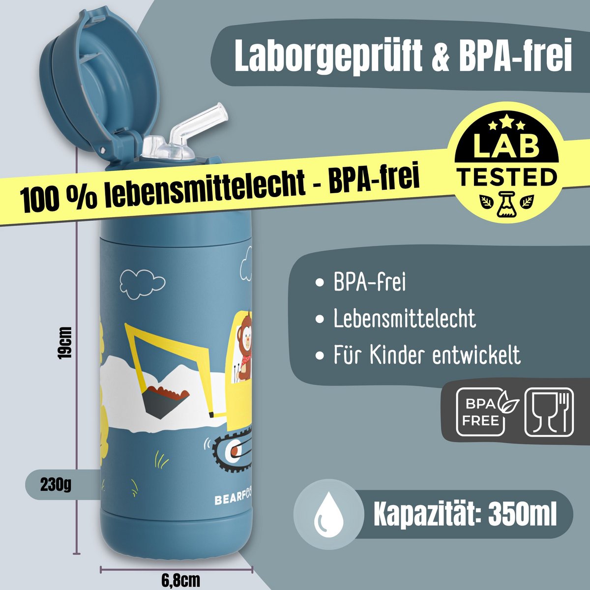 Thermo kinderdrinkfles RVS - graafmachine aap blauw