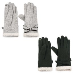  Gray knitted gloves with a bow detail. Black gloves with a textured pattern.