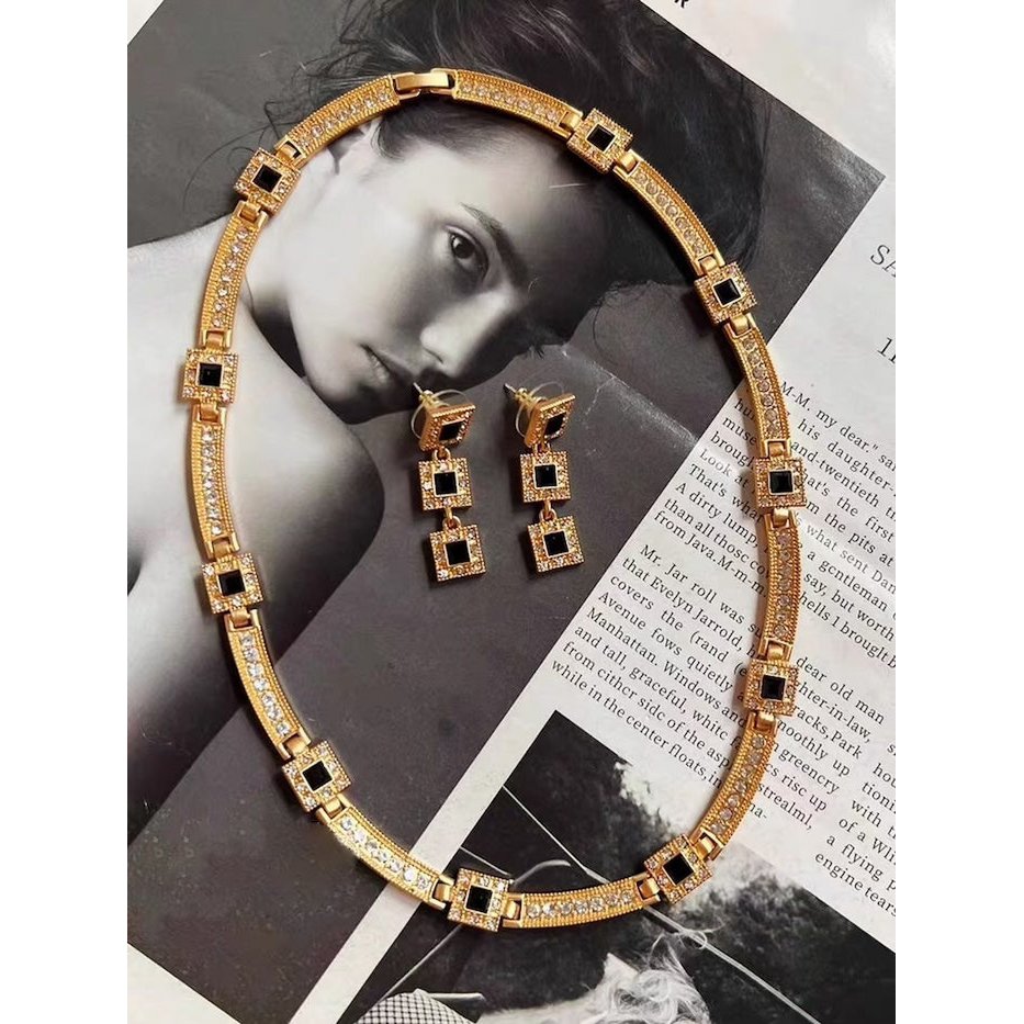 Vintage stil geometrisk sort onyx smykkesæt