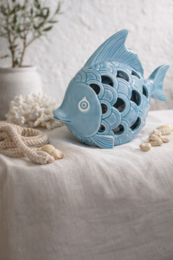 Pez decorativo luminoso en cerámica azul. Altura 20 cm
