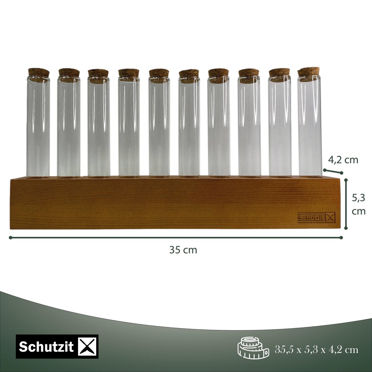 Schutzit - Kruidenrek Hout Ophangbaar - 10 Reageerbuisjes met Kurk - Kruidenrekje Hout - Glazen Potjes Reageerbuis
