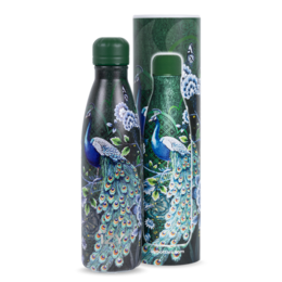 A tall, cylindrical green thermos bottle with a peacock design featuring vibrant green, blue, and white colors. The bottle has a sleek, modern appearance and is suitable for keeping beverages hot or cold.