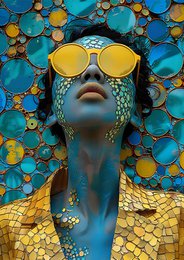 Blue and gold abstract art mannequin head with yellow sunglasses and scales texture.