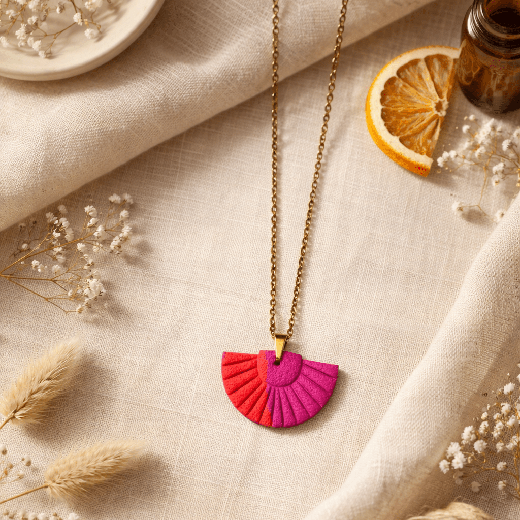 Riflessi di Costiera - Handcrafted Fan Necklace Gold Orange Fuchsia