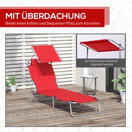 Sonnenliege klappbar Gartenliege mit Dach, Liegestuhl mit 4-Fach verstellbare Rückenlehne, wetterfeste Campingliege bis 120 kg belastbar, für Garten Strand Pool, Rot