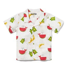 This kids' bowling shirt features a fun, colorful print with various food items like bowls, bananas, and cactus shapes. The shirt is made of a lightweight, breathable material and is available in sizes ranging from 9-12 months to 5-6 years.