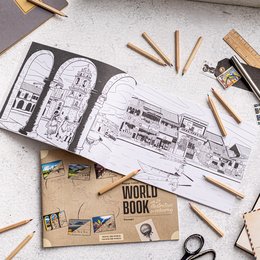A coloring book with black and white illustrations of various scenes, including buildings, landscapes, and characters. The book is titled "World Book" and appears to be intended for children to color.