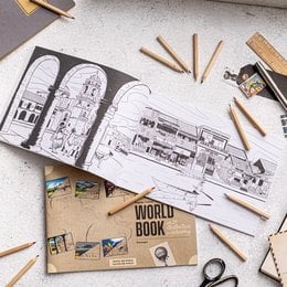 A coloring book with black and white illustrations of various scenes, including buildings, landscapes, and characters. The book is titled "World Book" and appears to be intended for children to color.