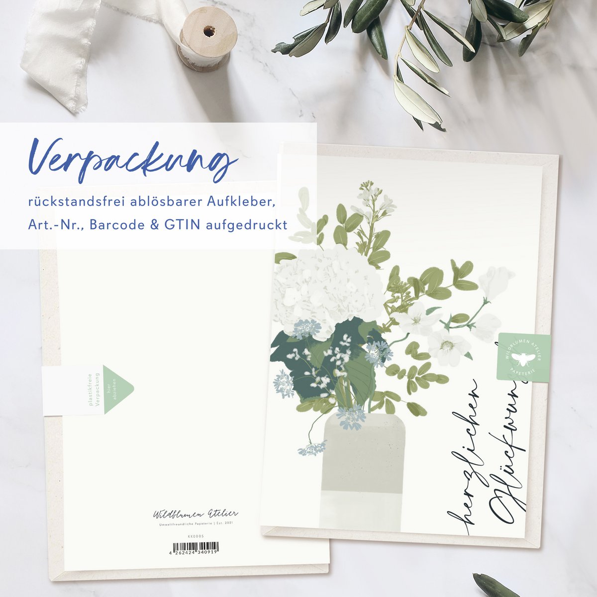 Folding card 'Congratulations' vase with flowers, including envelope