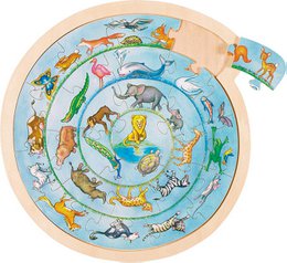 Circular wooden puzzle featuring various animal illustrations arranged in a circular pattern. Includes animals such as deer, fish, birds, and other wildlife.