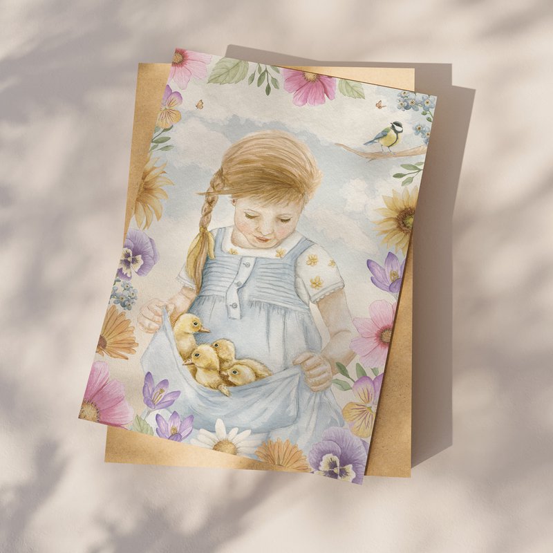 Ragazza da cartolina con anatre