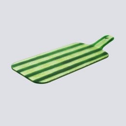 Green and white striped rectangular serving platter made of ceramic material.