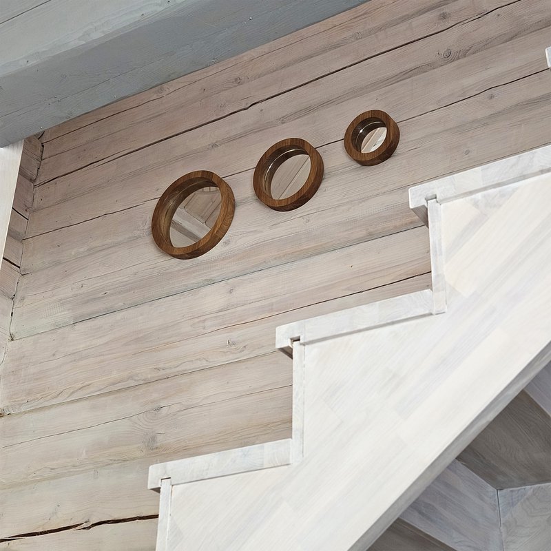 Set di 3 specchi di quercia artigianali per spazi rustici, minimalisti e di fattoria