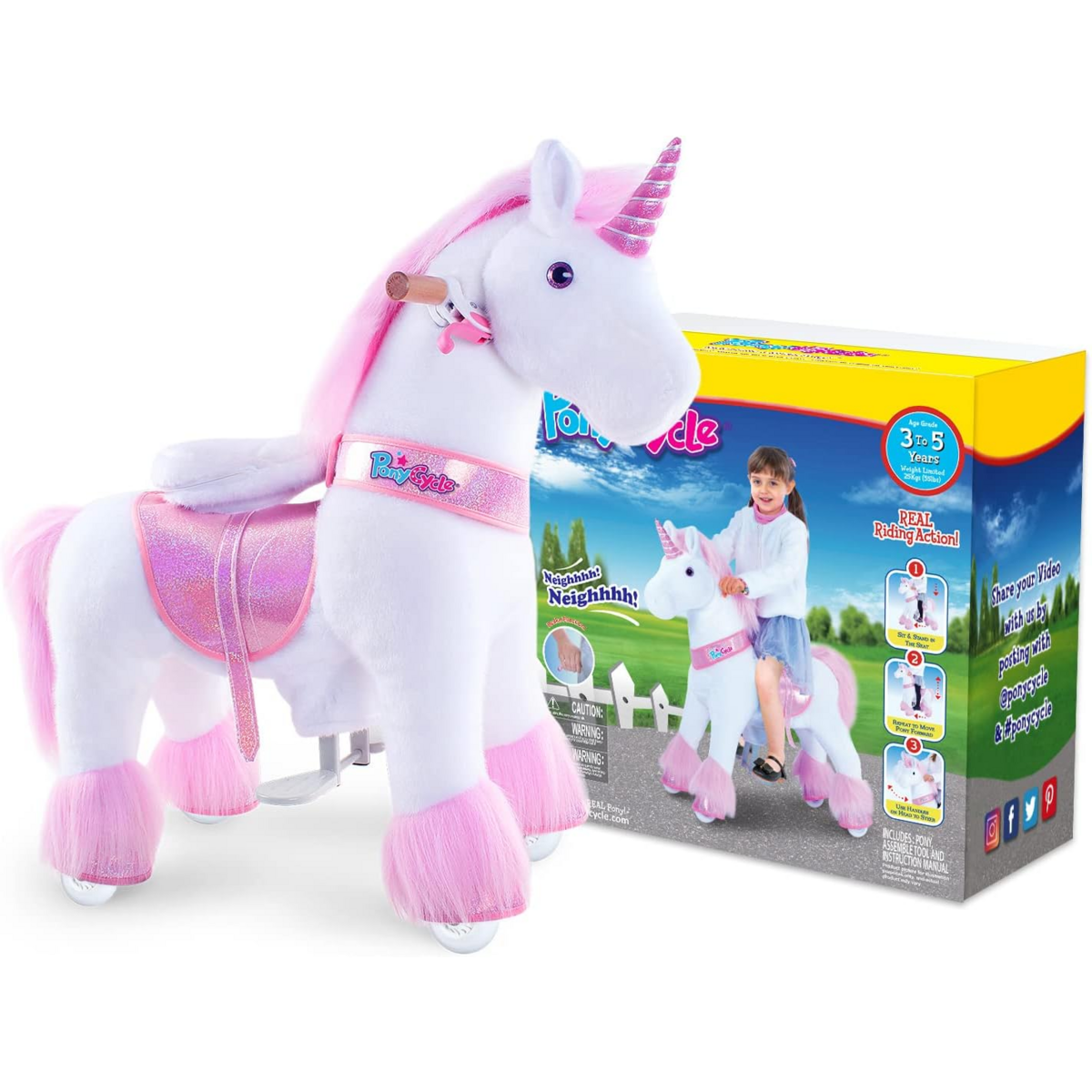Ponycycle Ride on Toy Pink Unicorn | Edad 3-4 | Juguete de montar animal de lujoso | Clásico u mejores regalos