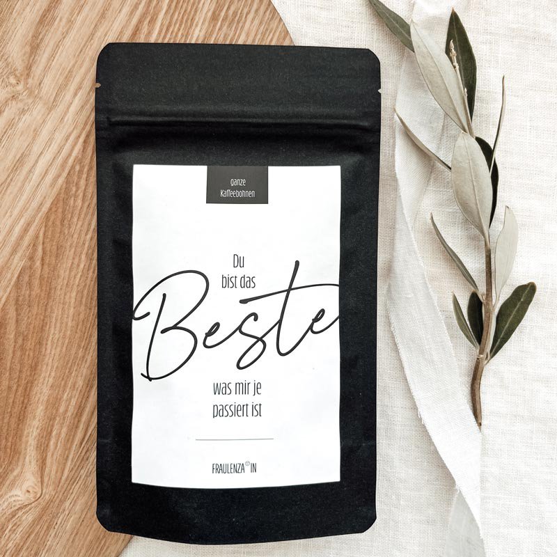 Koffiebonencadeau “Beste” – Midi-zakje van 50 g zwart – bedankt souvenirwaardering
