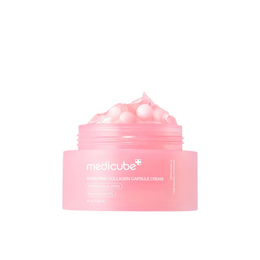 Pink collagen cream jar with fluffy whipped texture, skincare moisturizer.
