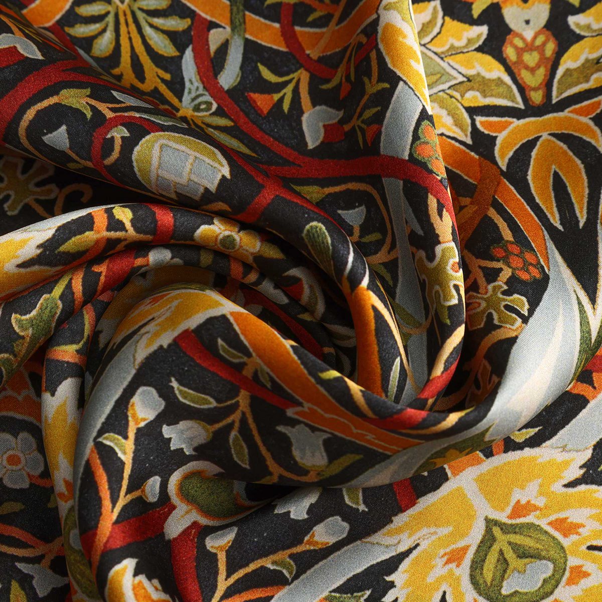 Bufanda de seda floral vintage con motivos adornados de pájaro y floración