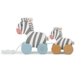  Wooden toy zebras with colorful wheels and shapes. Striped pattern in gray, white, and pink. Rounded, playful design suitable for young children.