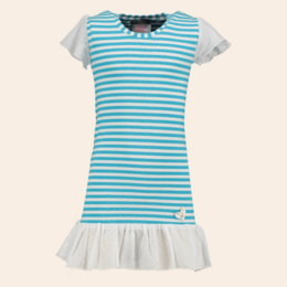 A striped children's dress in shades of blue and white, with a ruffle detail at the hem. The dress is suitable for girls aged 3-6 years old.