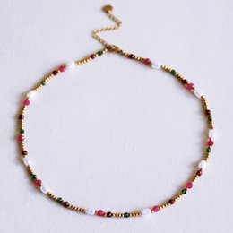 Collana con perle e sfaccettature - verde/fucsia/rosso