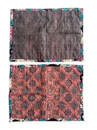 # Product Description
Quilted sari placemats, reversible design with gray textured and coral patterned sides, traditional fabric.