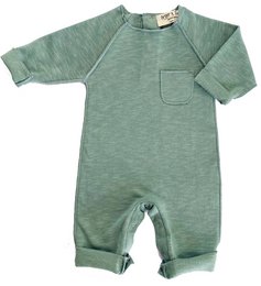 A green baby romper with a cactus print pocket. Made of soft, comfortable material suitable for infants.