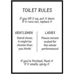 Poster with humorous toilet rules. Black and white design with text describing proper bathroom etiquette for gentlemen and ladies.