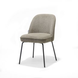 Beige fabric dining chair with black metal legs. Upholstered in a textured, neutral-toned fabric for a modern, minimalist look. Suitable for use in dining rooms, kitchens, or other living spaces.