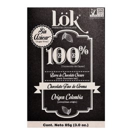 Dark chocolate bar, 100% cacao, sugar-free, 85g. Organic, Colombian origin.