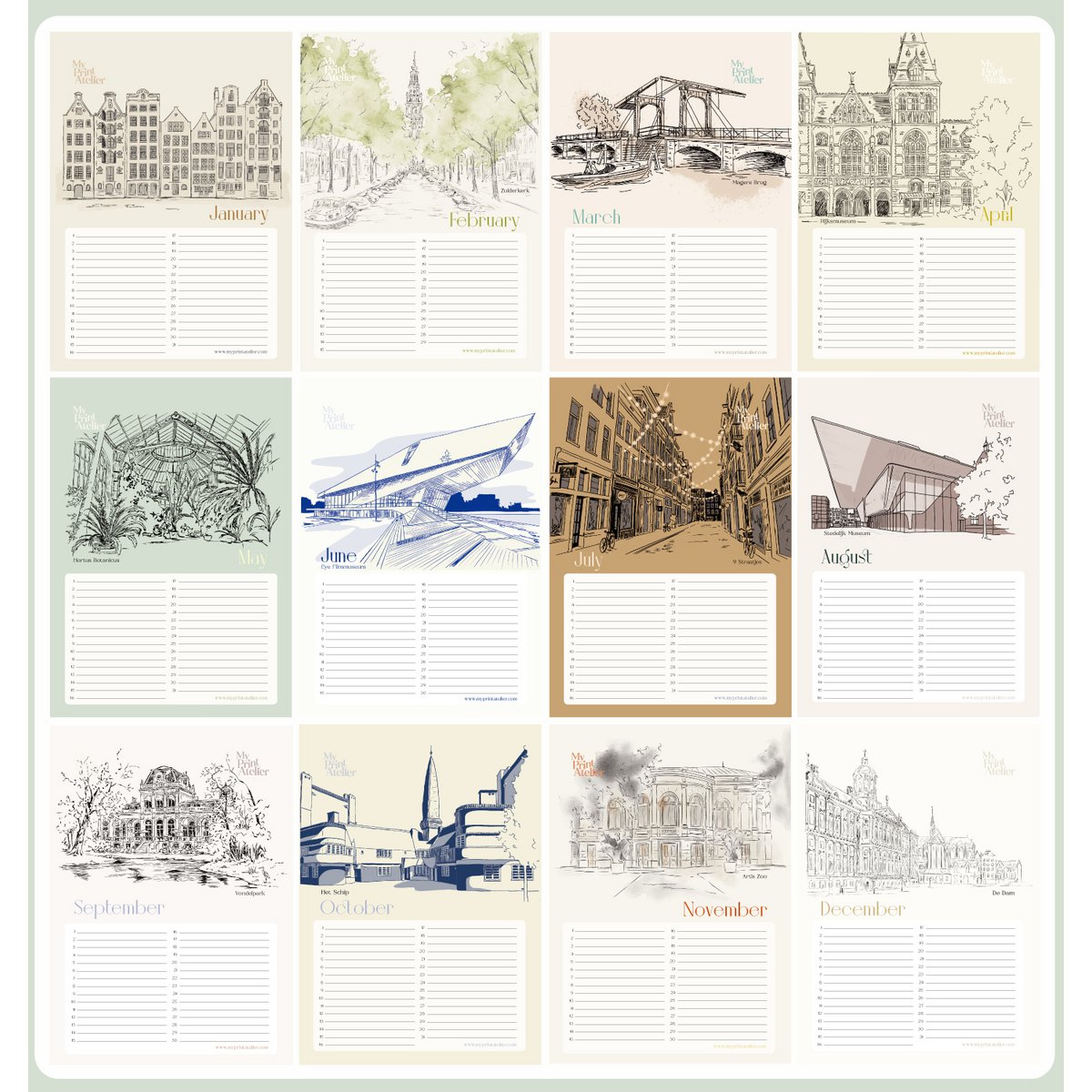 Verjaardagskalender Amsterdam Icons - Annet Weelink Design Amsterdam Schetsen - A4 - Eeuwigdurende Kalender - Premium Papier
