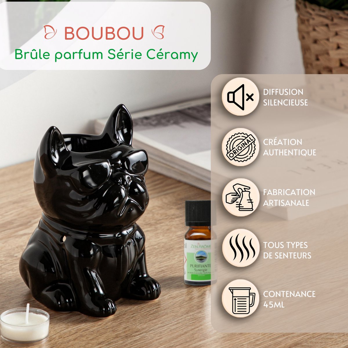 Brûle Parfum Céramy Boubou Noir – Bougeoir Animaux en Céramique Laquée – Diffuseur Fondants Cires Parfumées, Huiles Essentielles, Senteurs – Idée Cadeau Déco