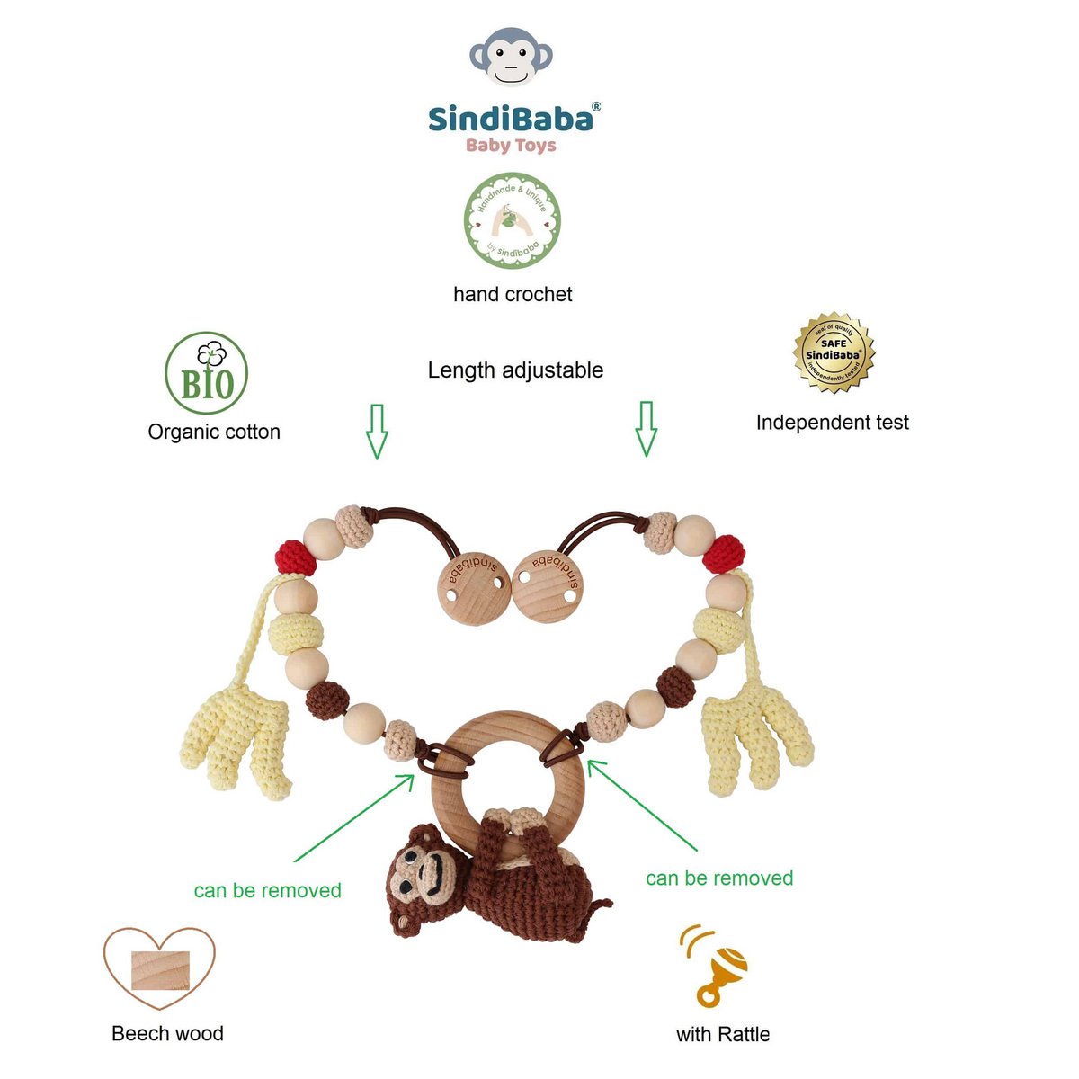 Crocheted stroller chain monkey CHARLIE (3in1)