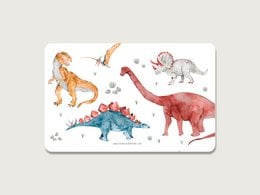 Dinosaur-themed snack board with various colorful dinosaur illustrations, including a stegosaurus, triceratops, and tyrannosaurus rex. The board is made of wood and has a rustic, natural appearance.