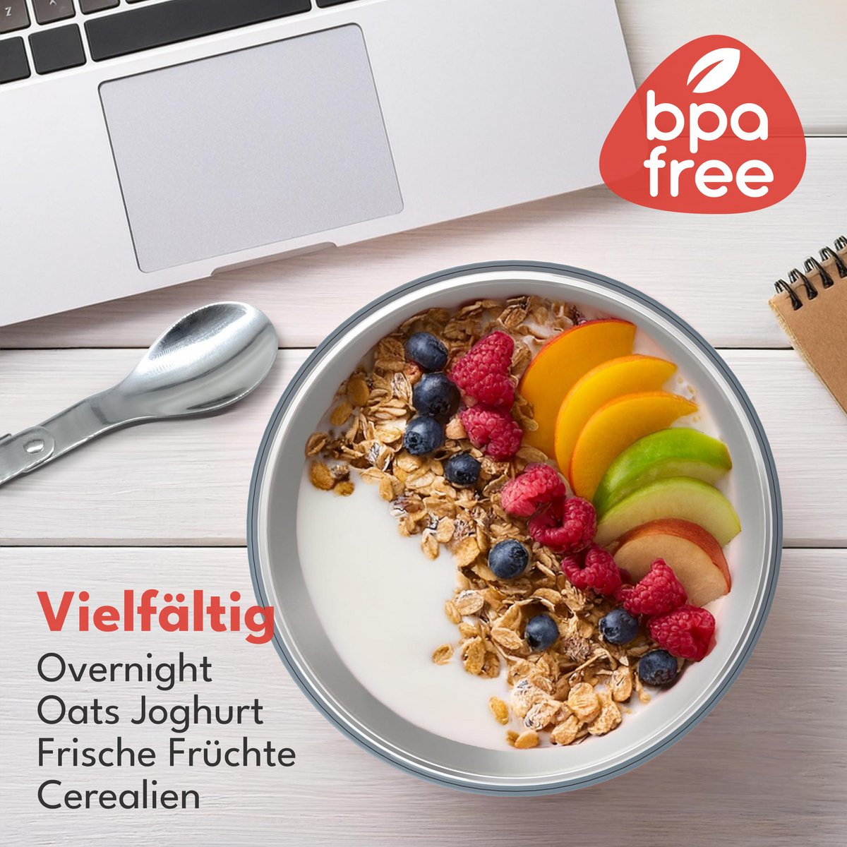 Taza de cereales para llevar de por vida con cuchara - pared interior aislante de acero inoxidable y 650 ml I taza de yogur para llevar taza de cereales taza de cereales para llevar taza para gachas yogur yogur niños y adultos en movimiento