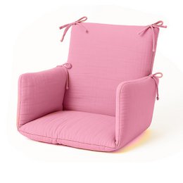 Soft pink organic cotton highchair cushion with tie-on straps for a comfortable and stylish baby feeding experience.