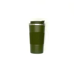 Army green insulated travel cup, tall cylindrical shape, textured grip, hot cold drinks, unisex thermos