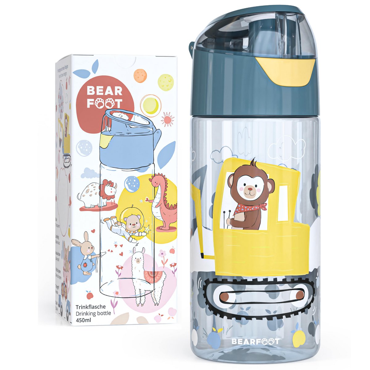 Children's water bottle, lightweight water bottle - excavator & monkey
