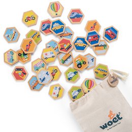 Colorful wooden toy vehicles in various shapes and designs, including cars, trucks, planes, and hot air balloons. The toys are arranged in a hexagonal pattern, creating a playful and engaging display.