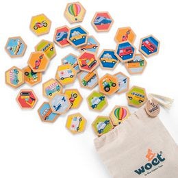 Colorful wooden toy vehicles in various shapes and designs, including cars, trucks, planes, and hot air balloons. The toys are arranged in a hexagonal pattern, creating a playful and engaging display.