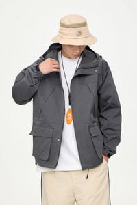 Patched Pockets Waterproof Jacket in Grey