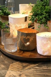 A round, natural-colored paper LED light holder with a heart-shaped cutout design, available in two sizes (11 cm height).