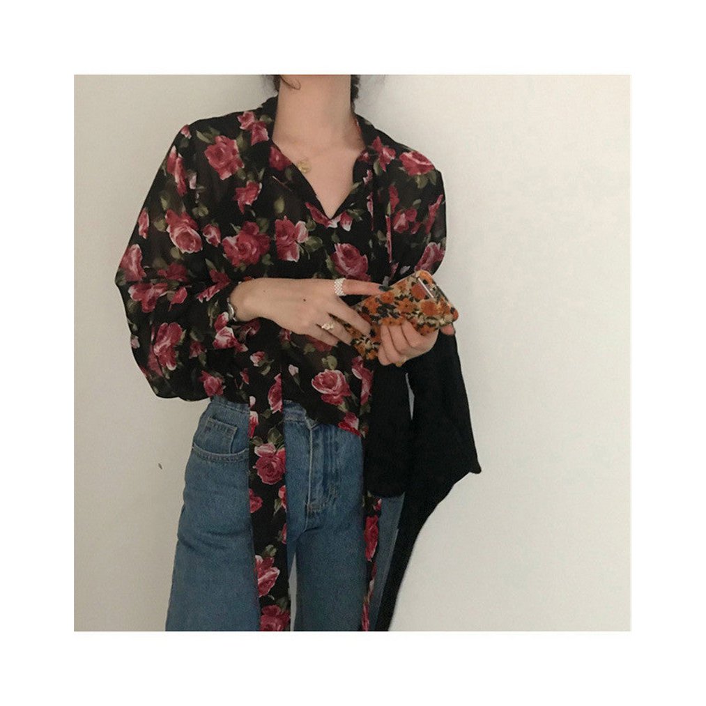 Dames Retro Bloemen Chique Chiffon Lente Herfst Mode Vetersluiting Ontwerp Zachte Vrouwelijke Shirts Top Ins