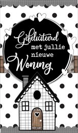 Small thank you card with text "Congratulations on your new home" in black and white polka dot design.