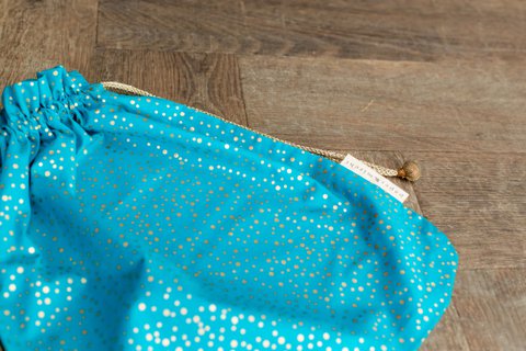 Stoffgeschenktüten Double Drawstring - Luxe Gold Collection - Türkis / Konfetti