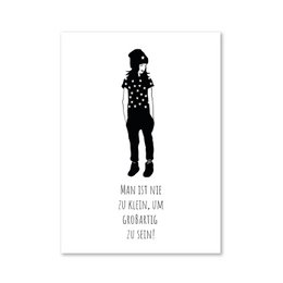  Circular polka dot pattern on black silhouette of a person. Text reads "Man ist nie zu klein, um großartig zu sein" which translates to "One is never too small to be great".
